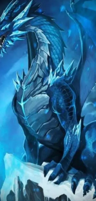 Majestic blue dragon with icy scales on a cliff.