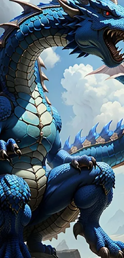 Blue dragon with sharp scales roars majestically against a fantasy sky.