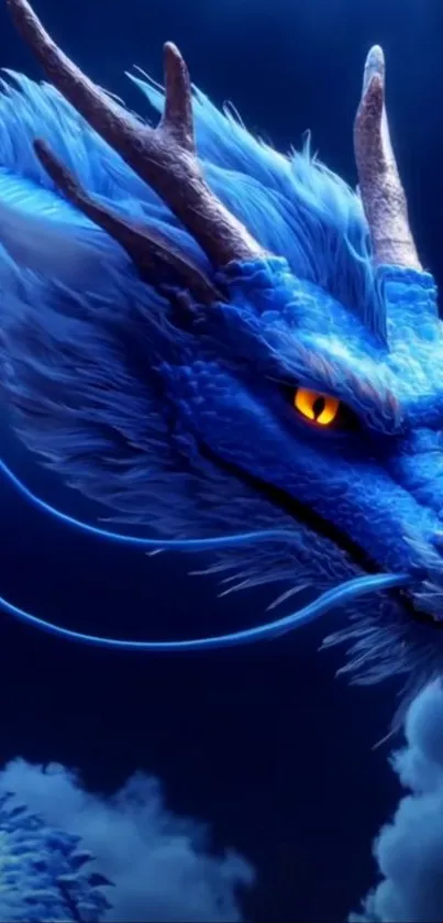 Dynamic blue dragon artwork with glowing eyes on a dark background.