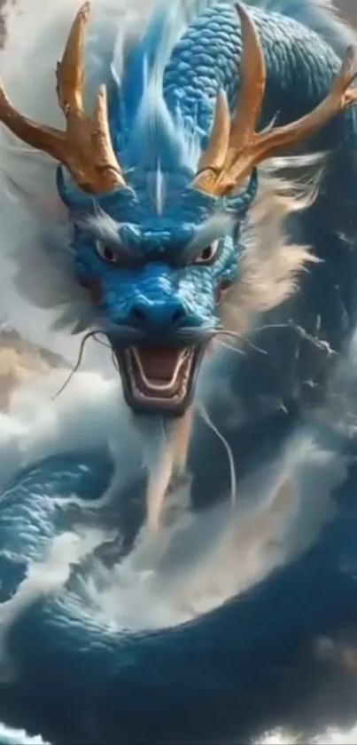 Majestic blue dragon amidst ocean waves with artistic flair.