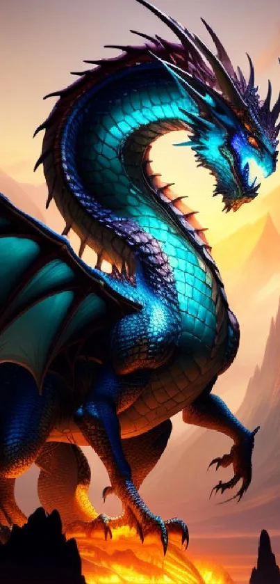 Majestic blue dragon in a fiery landscape wallpaper.