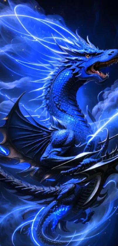 Majestic blue dragon breathing fire in a night sky, digital fantasy art.