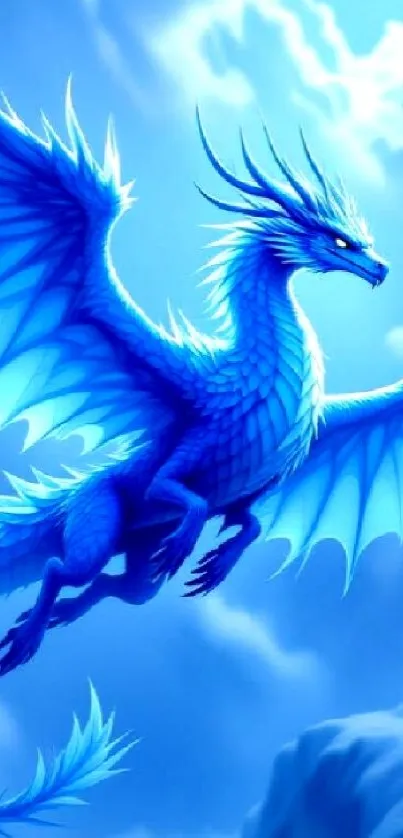 Majestic blue dragon soaring in the sky, wings spread wide.