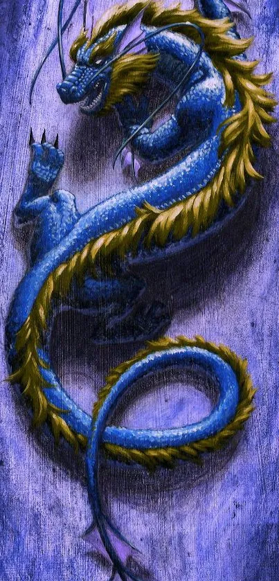 Blue dragon with golden scales on a textured background.