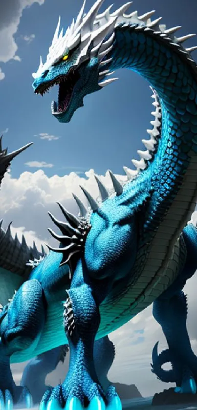 Majestic blue dragon with scales and wings in fantasy art wallpaper.