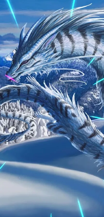 Majestic blue dragon in a snowy landscape mobile wallpaper.