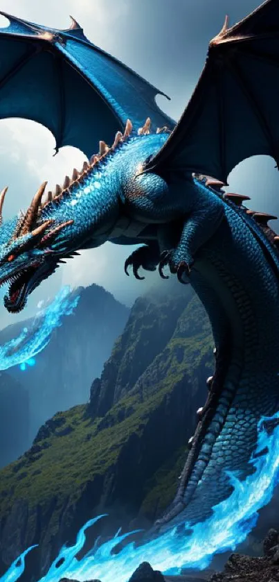 Majestic blue dragon flying over a mountain landscape with vibrant flames.