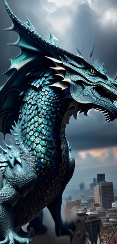 Majestic blue dragon over city skyline, fantasy art.