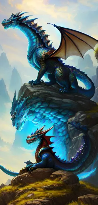 Majestic blue dragon on a mountain peak with vibrant colors.