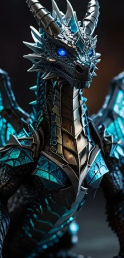 Epic blue dragon with detailed armor and glowing eyes.