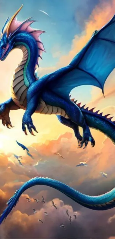 Majestic blue dragon soaring through a colorful sky.