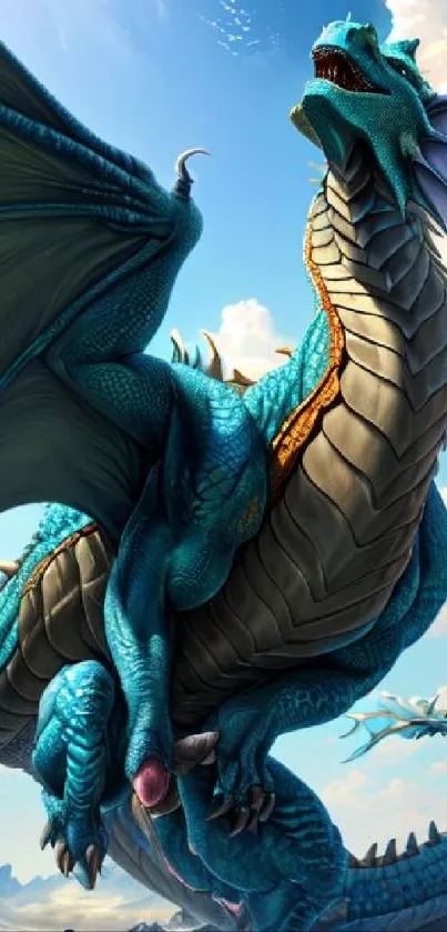 Majestic blue dragon with open wings against a vibrant sky background.