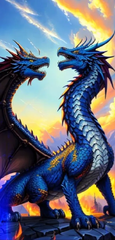 Blue dragon rises against a fiery sky with mystical mountains in the background.