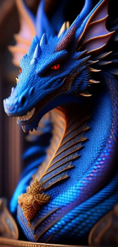 Majestic blue dragon with red eyes in fantasy style.