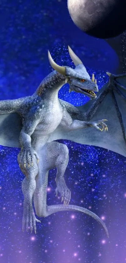 Majestic blue dragon flying in a starry night sky with celestial background.