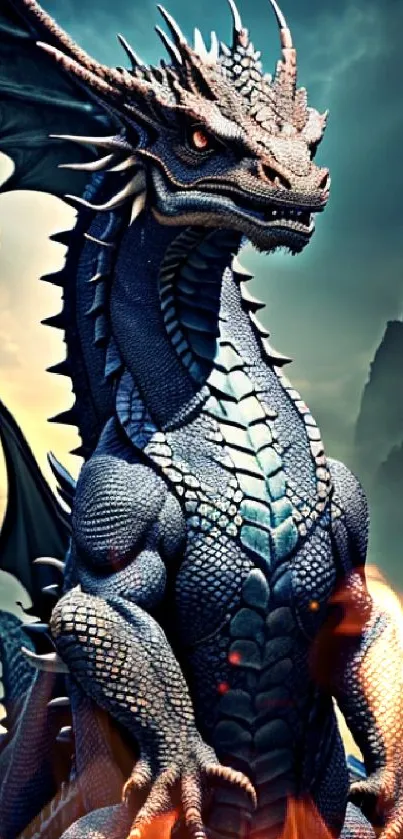 Majestic blue dragon with detailed scales set against a dark mountainous backdrop.