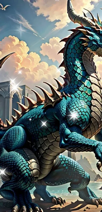 Majestic blue dragon with vibrant scales in a fantasy setting.