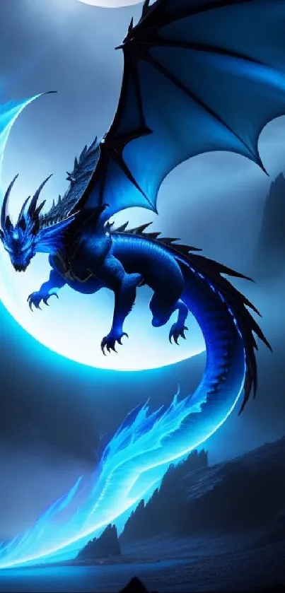 Majestic blue dragon soaring under a large moon, set in a dark, mystical landscape.