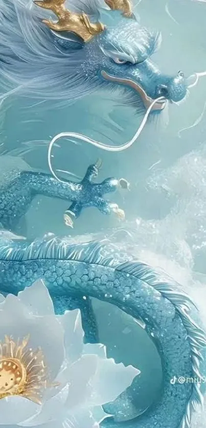 Majestic blue dragon with ethereal clouds.