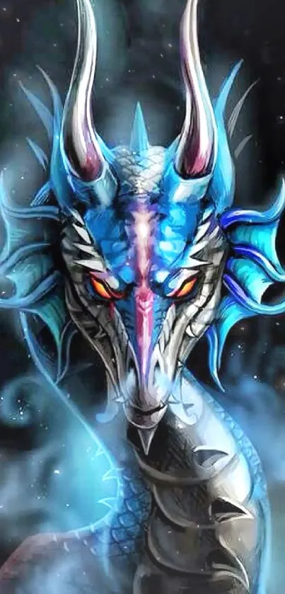 Majestic blue dragon with vivid colors and intricate details on a dark background.