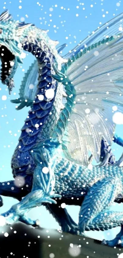 Majestic blue dragon sculpture against a clear sky.