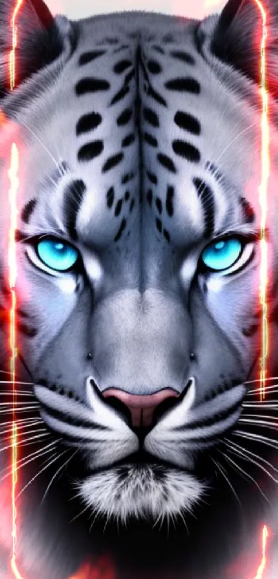 Artistic depiction of a leopard with striking blue eyes on a grey background.