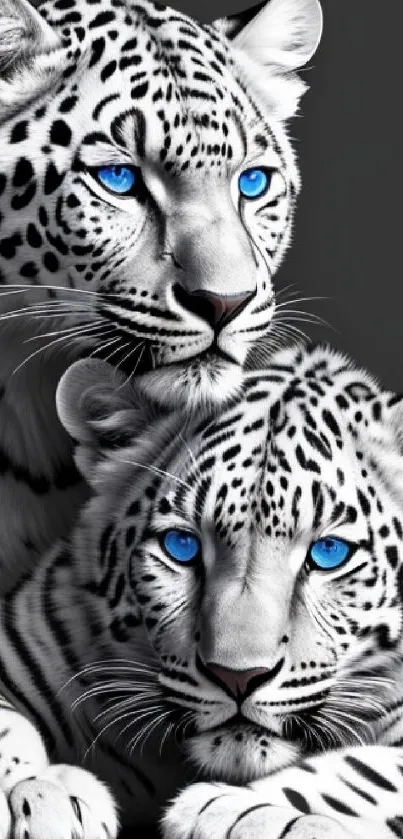 Two realistic leopards with blue eyes on a dark background.