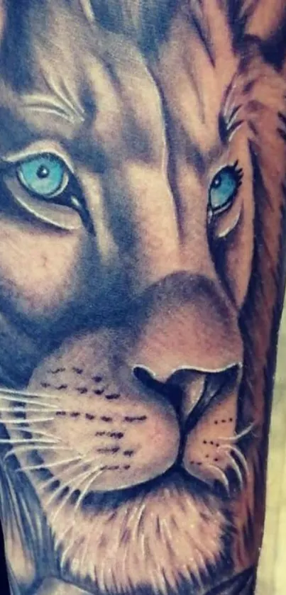 Realistic blue-eyed lion tattoo art on mobile wallpaper.