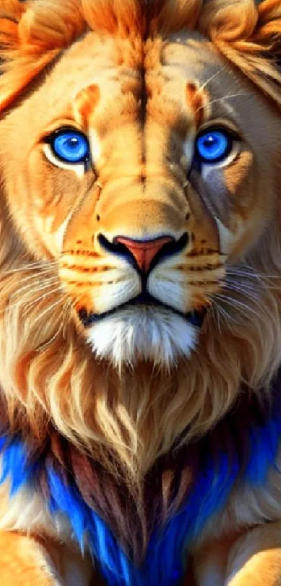 Majestic lion with blue eyes and golden mane on a vibrant phone wallpaper.