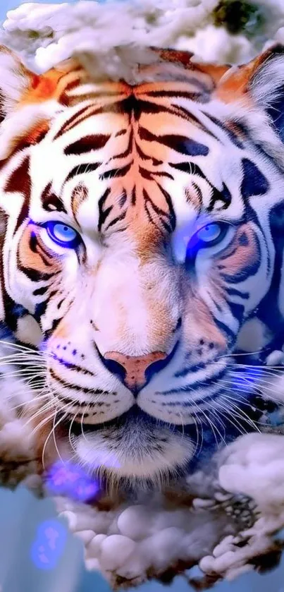 Majestic tiger with blue eyes surrounded by clouds, digital art.