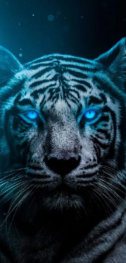 Majestic tiger with glowing blue eyes on a dark background, exuding mystery.