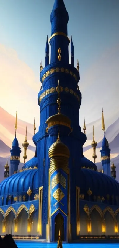 Majestic blue castle with golden accents in fantasy setting.