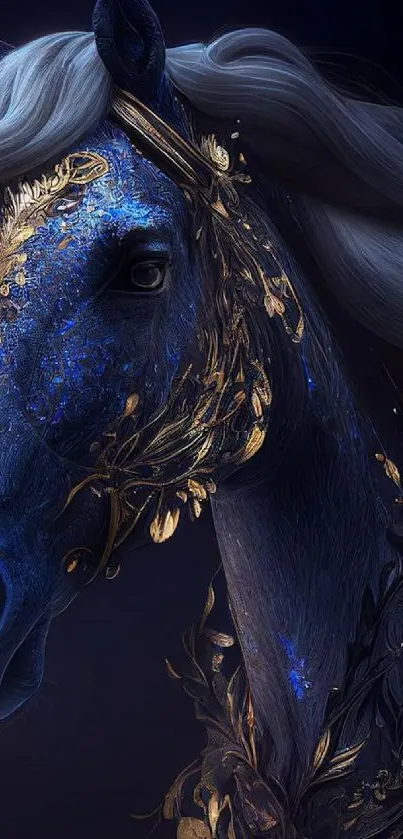 Artistic blue and gold horse fantasy wallpaper.