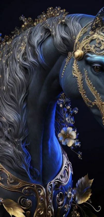 Majestic blue horse with golden accents against dark background.