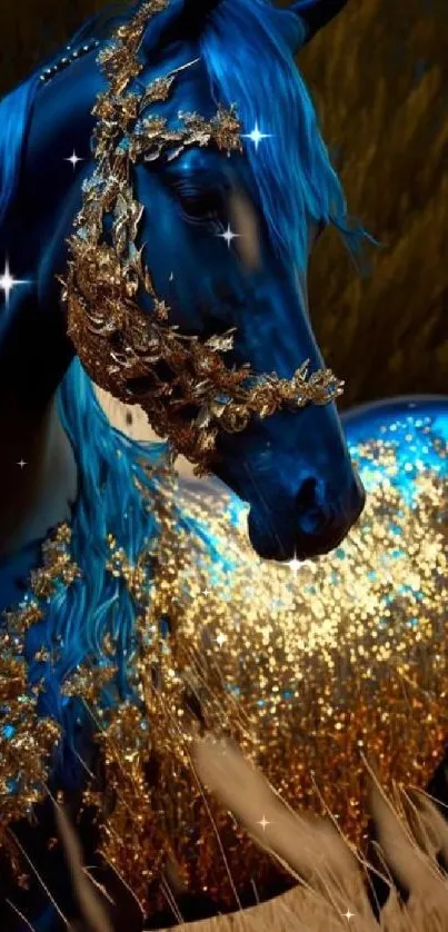 Majestic blue horse with golden accents on mobile wallpaper.