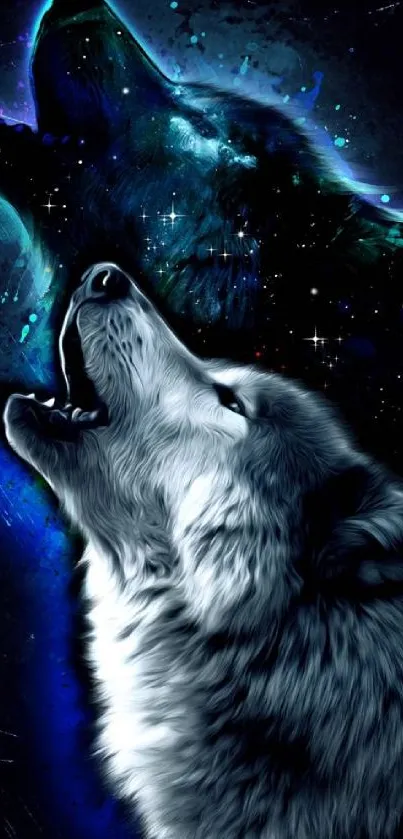 Howling wolves against a cosmic blue sky wallpaper.