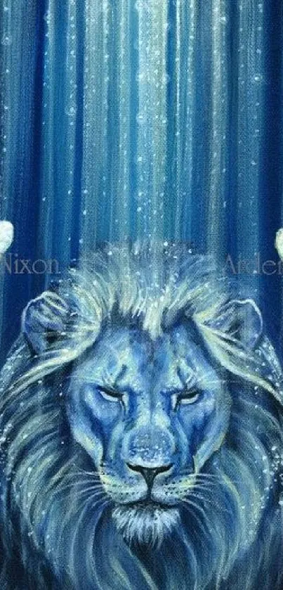 Mystical blue lion with celestial wings wallpaper.