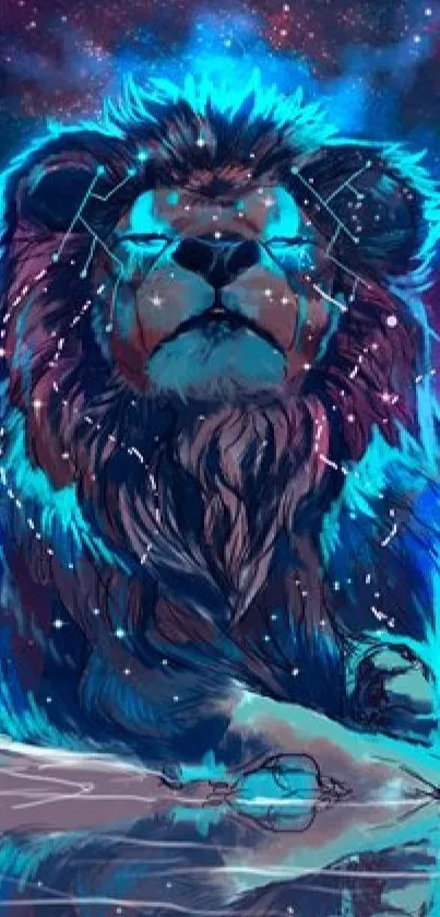 Illustrated blue lion under cosmic starry sky.