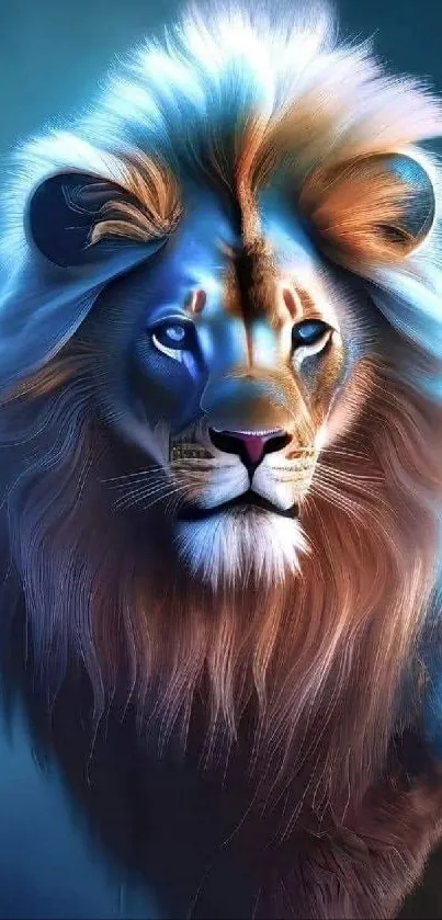 Artistic blue lion portrait with colorful mane.