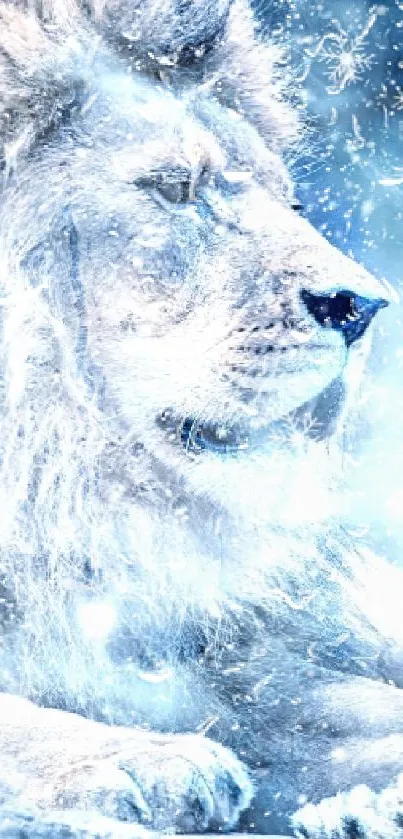 Majestic blue lion resting in a whimsical snowy scene.