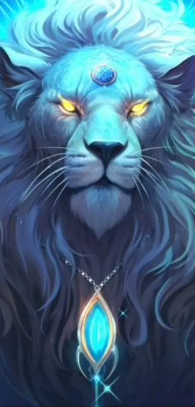 Majestic blue lion with glowing eyes on a digital art mobile wallpaper.