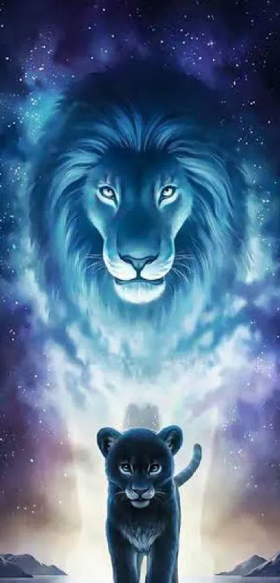 Majestic artwork of a blue lion and cub under a starry sky.