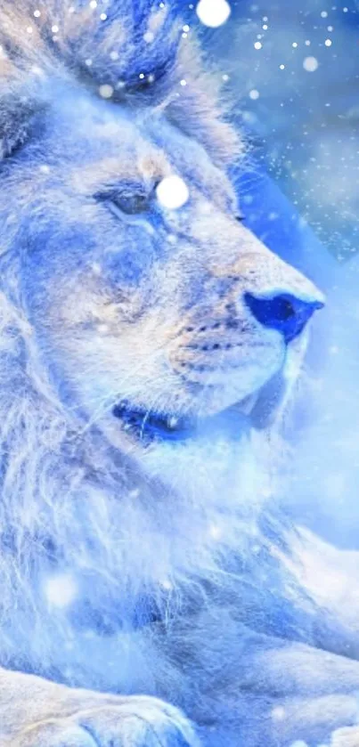 Majestic blue lion in serene snowy setting, perfect for mobile wallpaper.