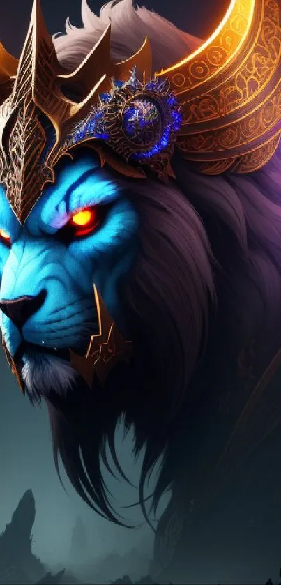 Majestic blue lion with golden armor in a mystical setting.