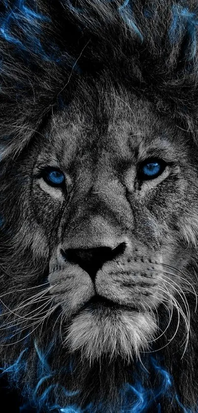 Majestic lion with blue accents on a dark background.