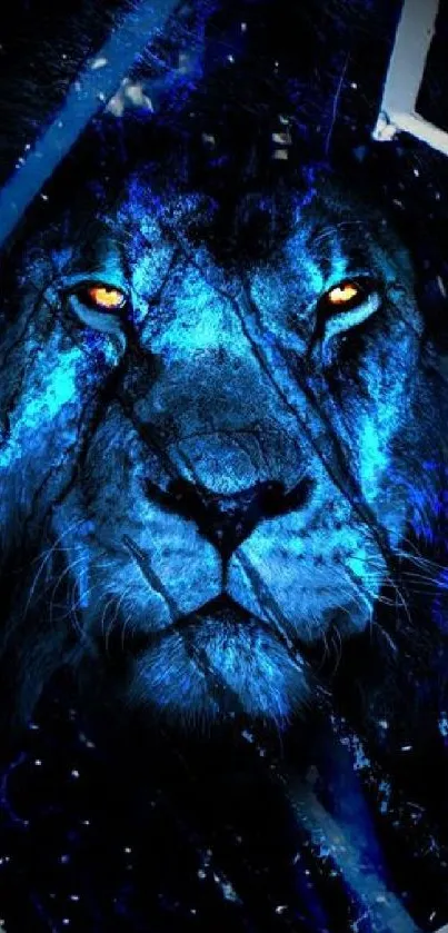 Vivid blue lion portrait on a dark abstract background.