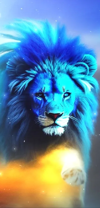 Majestic blue lion running with vibrant energy.