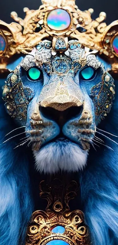 A majestic blue lion with gold and gemstone adornments on a sleek wallpaper.