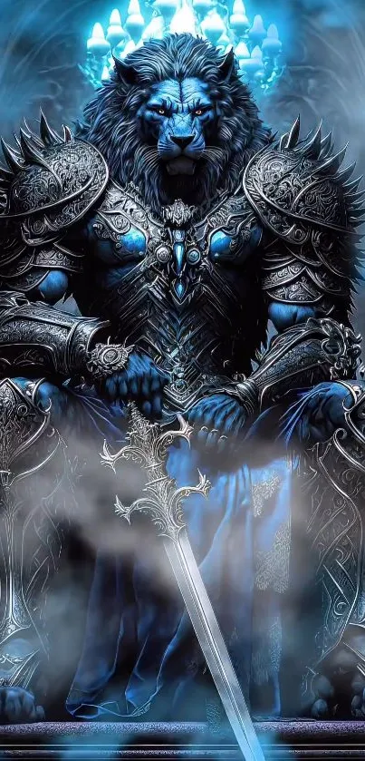 Majestic blue lion warrior in armor with vibrant flames.