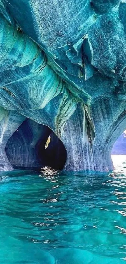 Turquoise waters inside Chile's Marble Caves.